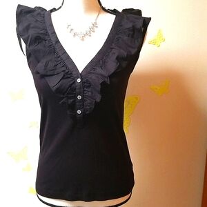 Loft Ann Taylor Black Ruffle Ribbed Henley Top Small New